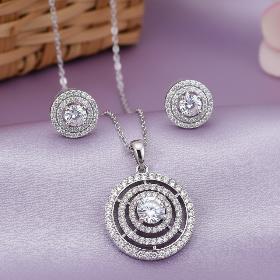 Hira American Diamond CZ Pendant Set with Stud Earrings for Girls & Women