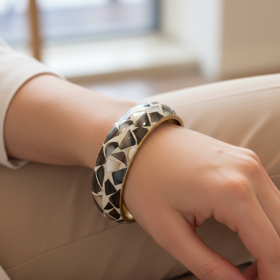 Aisha Mother of Pearl Kada - Handcrafted Black &amp; Grey Shell Bangle with Gold-Tone Metal