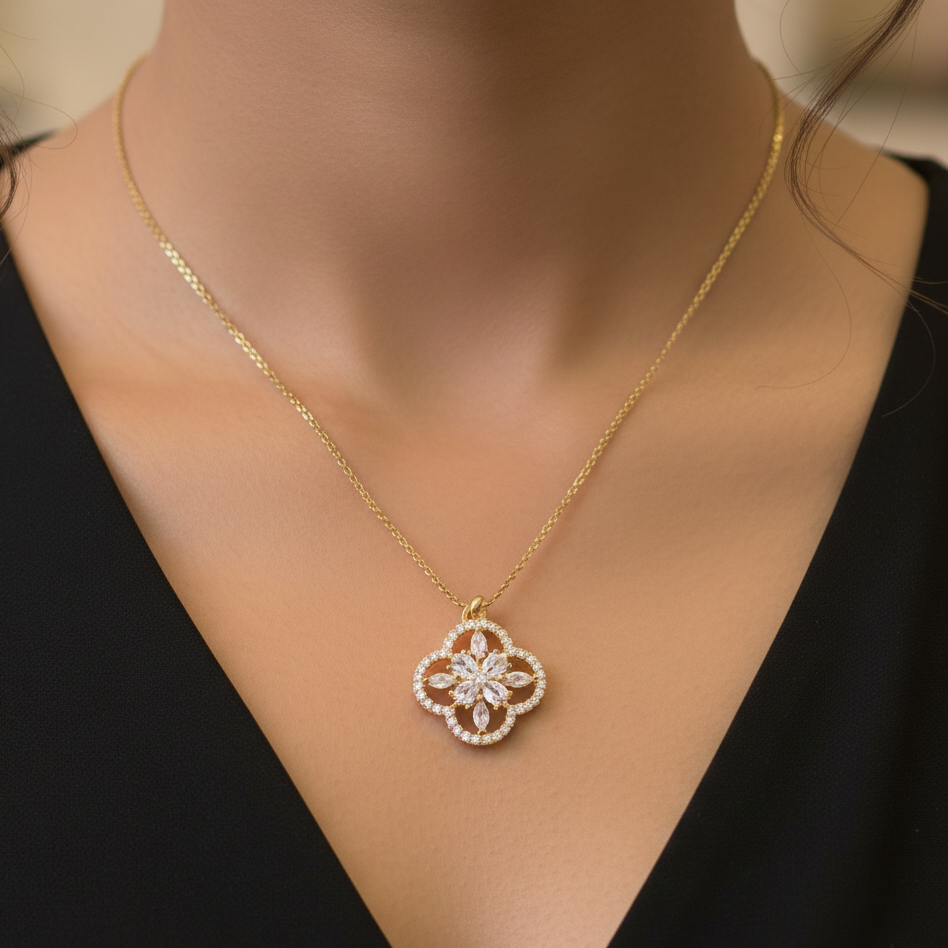 Dia American Diamond CZ Gold Tone Clover Pendant
