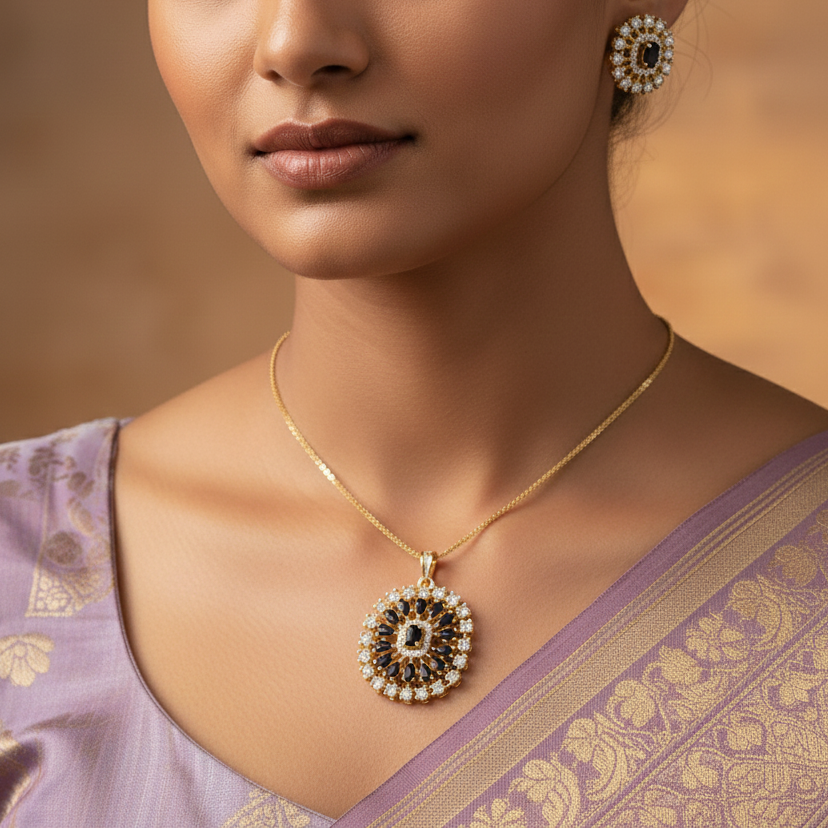 Reeva Black American Diamond Pendant Set with Earrings