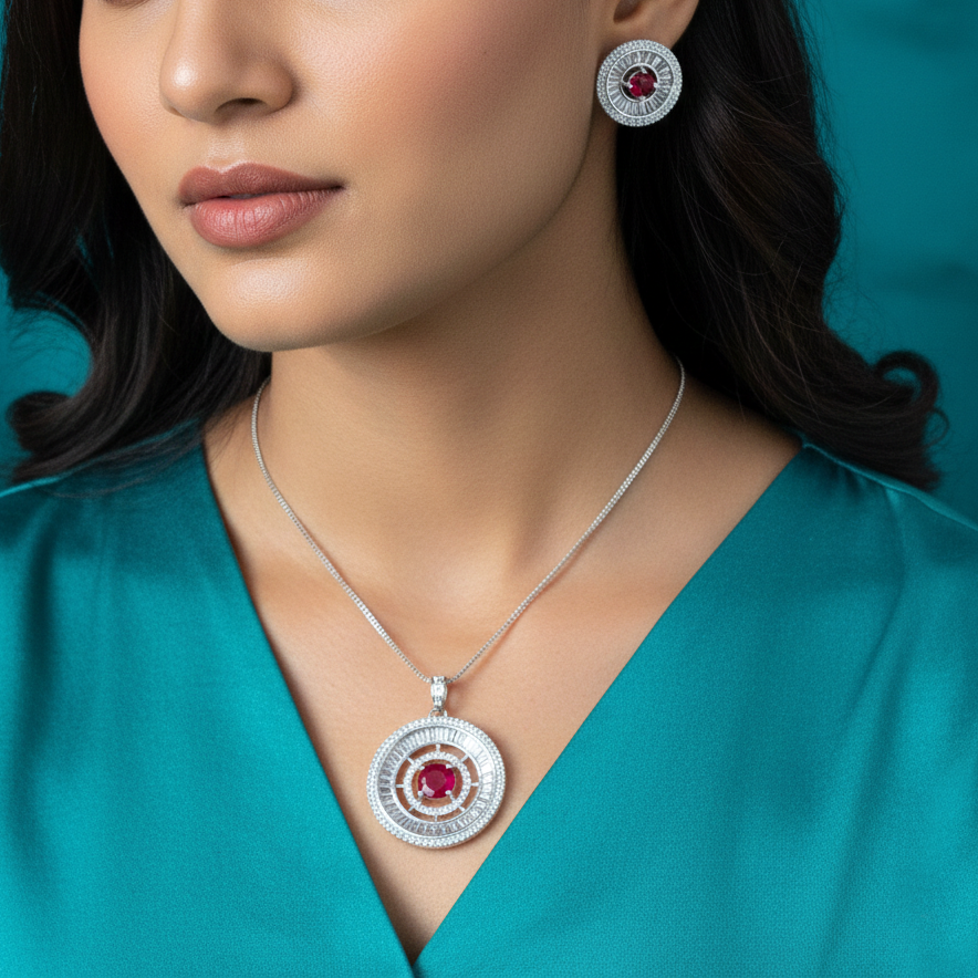 Laiba Red American Diamond Pendant Set with Earrings