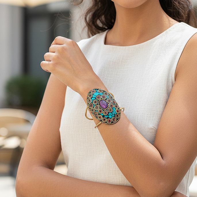 Qala Tibetan Kada – Handcrafted Tribal Cuff with Blue &amp; Gold Lac Mosaic
