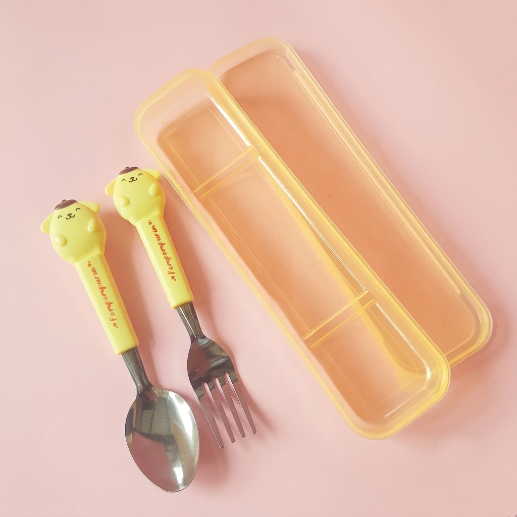 Cute Yellow Cartoon Character Kids Stainless Steel Spoon and Fork Set with Storage Case