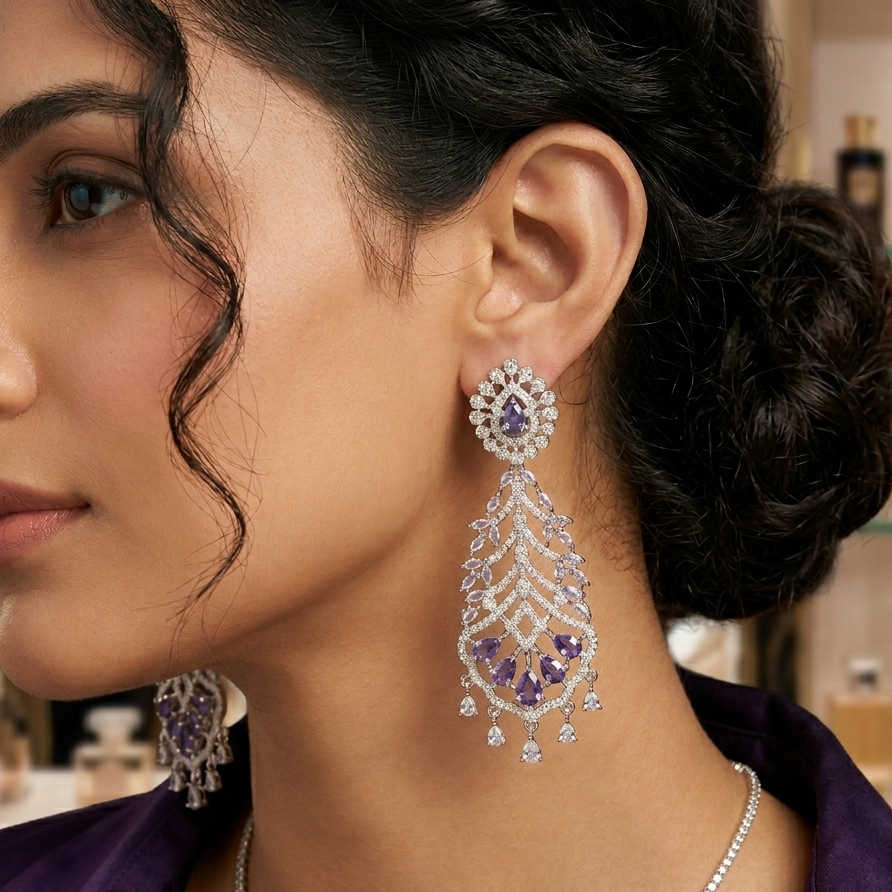 Nargis Chandelier Earrings – Vintage Mughal-Inspired Amethyst Dangles for Women