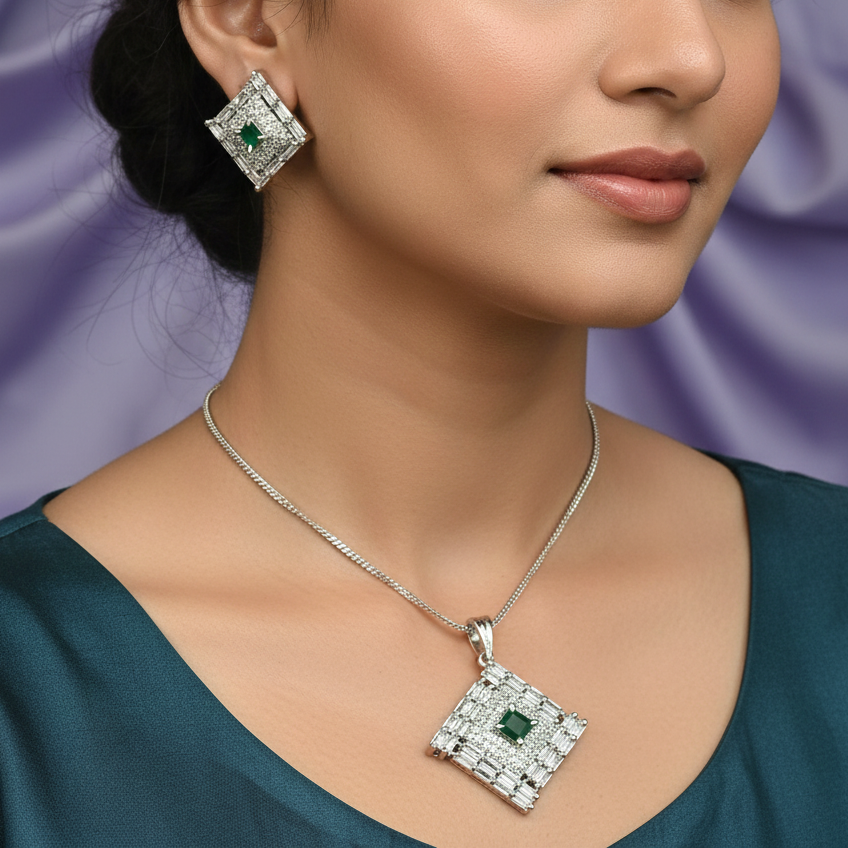 Uzma American Diamonds CZ Pendant Set with Earrings for Women