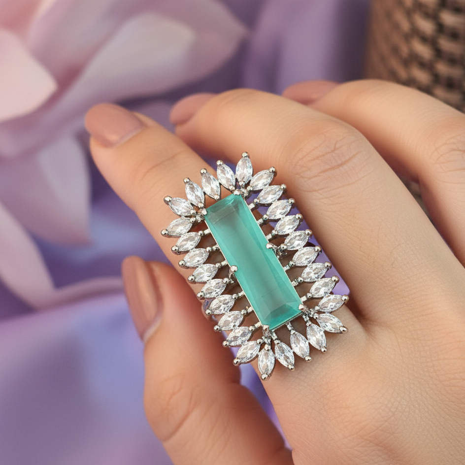 Malti Adjustable American Diamond CZ Teal Ring