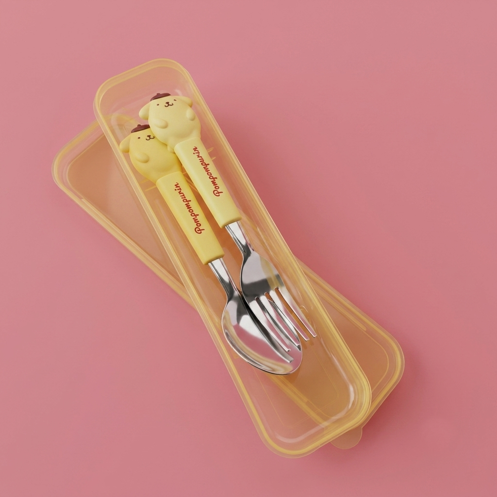 Cute Yellow Cartoon Character Kids Stainless Steel Spoon and Fork Set with Storage Case