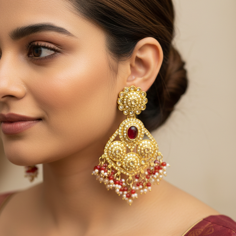 Rangeeli Traditional Kundan Earrings | Statement Golden & Red Kundan Earrings for Festive & Wedding Occassions