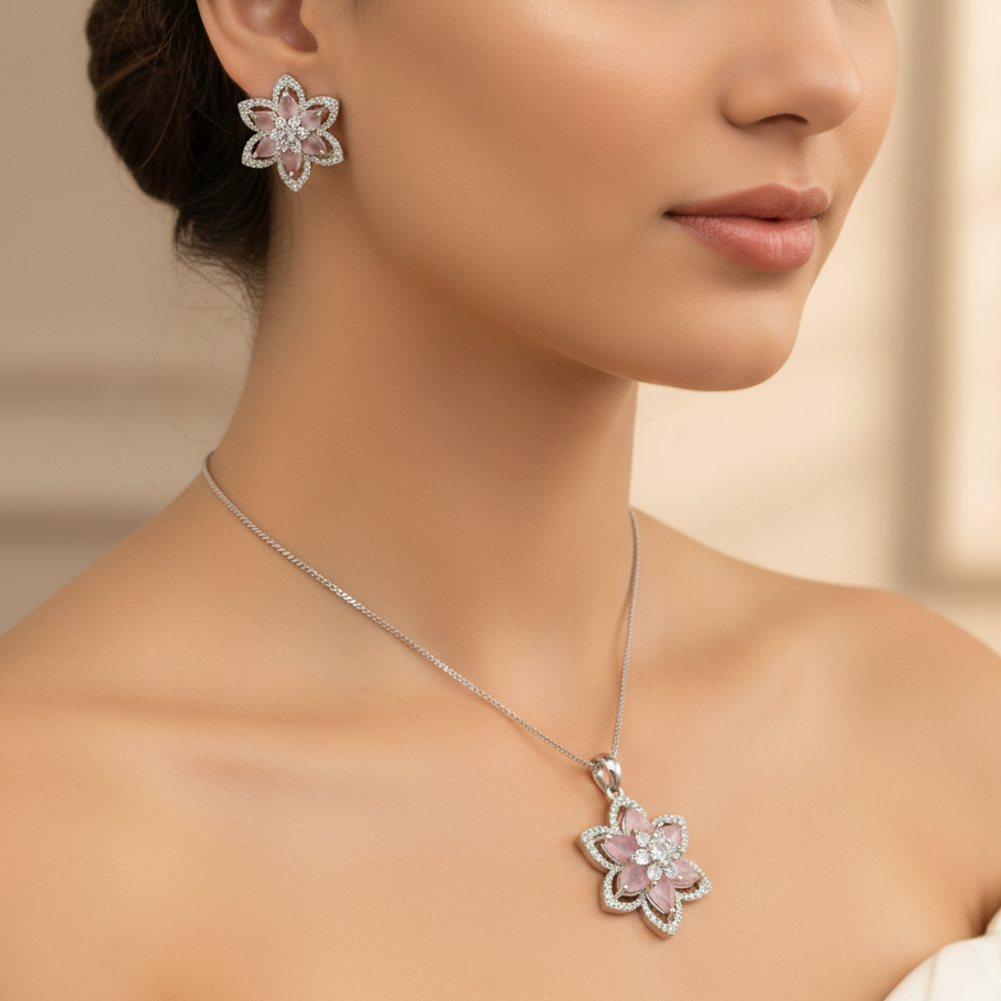 Lubna American Diamond CZ Floral Pendant Set with Earrings