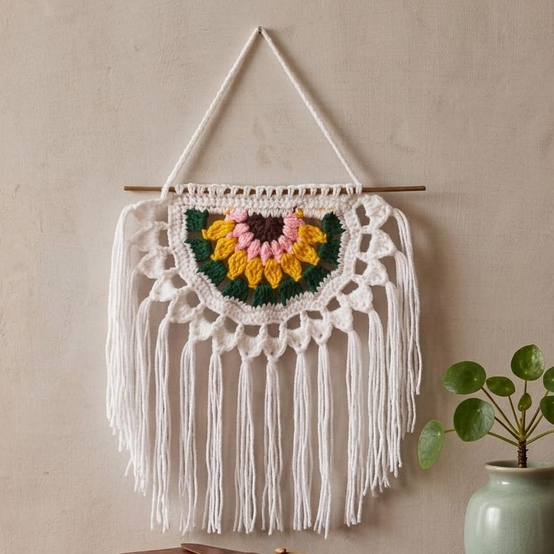 Handmade Crochet Half Sunflower Bohemian Wall Hanging