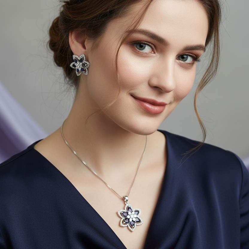 Lubna American Diamond CZ Floral Pendant Set with Earrings