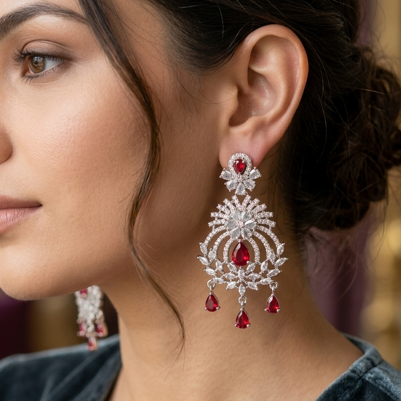 Jaya American Diamond Chandbali Earrings – Ruby Red Cubic Zirconia Statement Jewelry