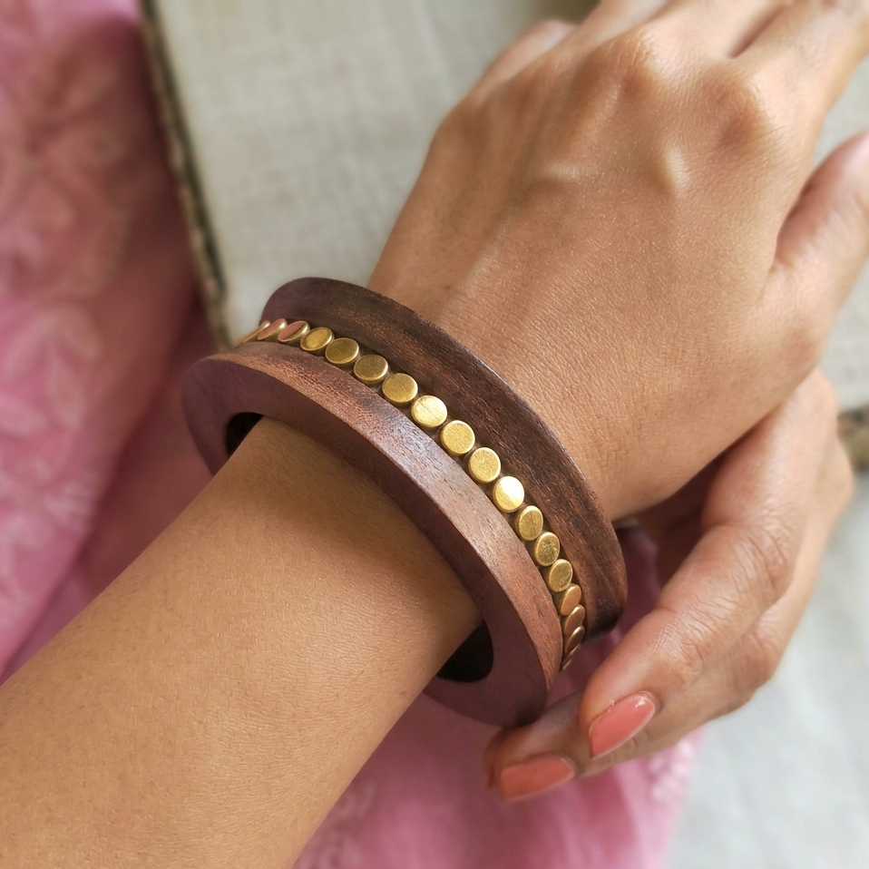 Disha Handcrafted Wooden Kada Bangle with Golden Dot Accents | Chunky Wooden Bangles for Girls & Women