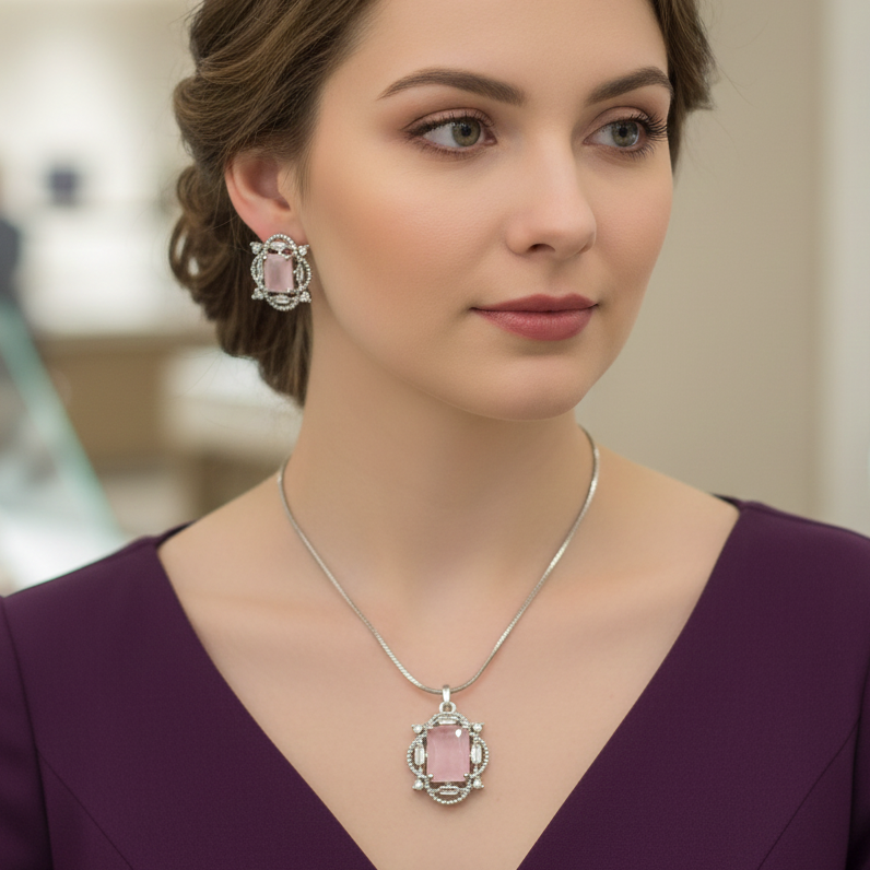 Meena Baby Pink American Diamond CZ Pendant with Earrings