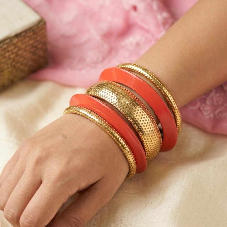 Aayat Handcrafted Golden Brass & Orange Wooden Bangle Stacks