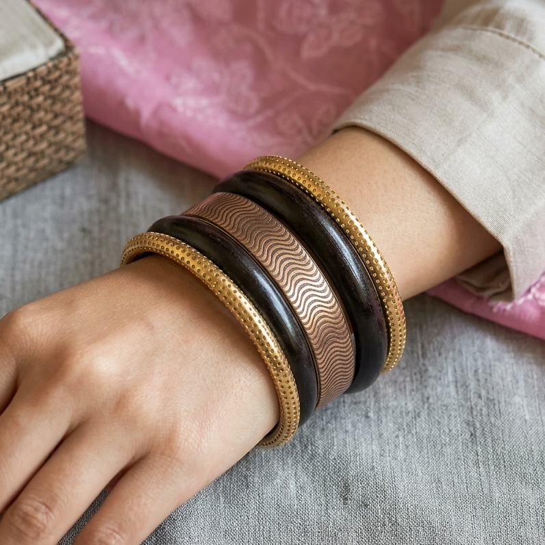 Mehran Black & Golden Wooden & Metal Bangle Stacks