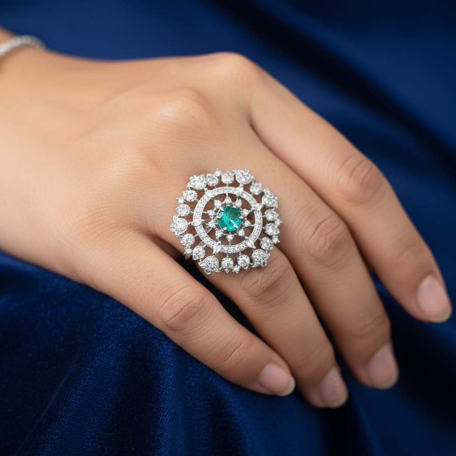 Samira American Diamond CZ Silver & Teal Ring