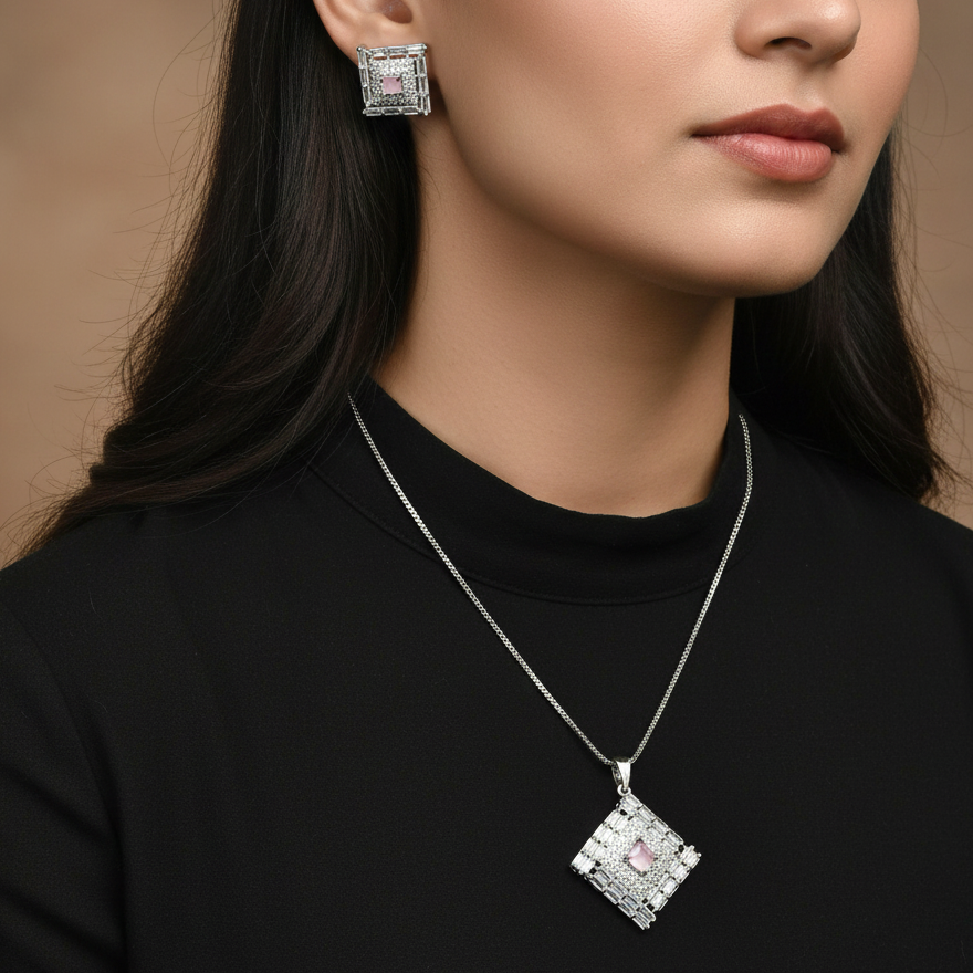 Uzma American Diamonds CZ Pendant Set with Earrings for Women