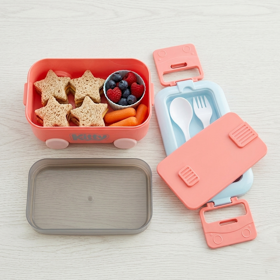 Cute Cartoon Car/Bus Shape Lunch Box with Spoon & Fork for Kids | Tiffn Boxes for School