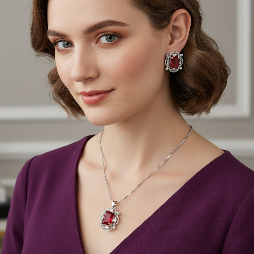 Sultana Red AD CZ Pendant Set with Earrings for Women