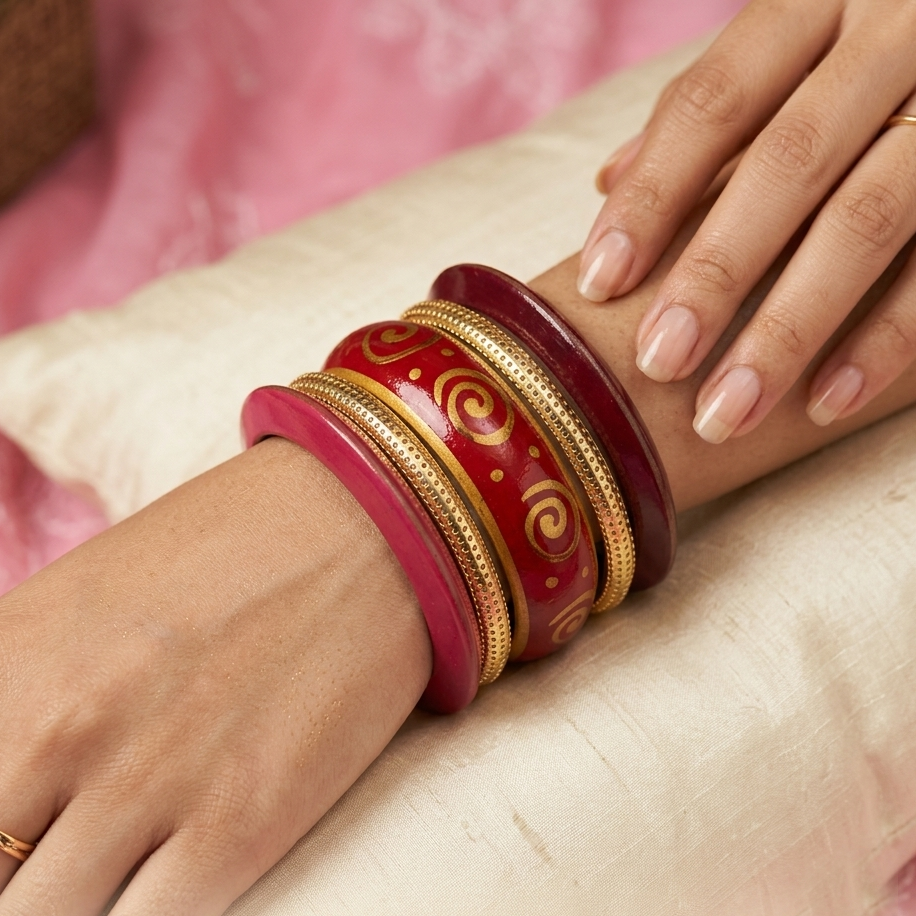 Zareen Wooden & Brass Bangle Stack | Red Wood & Gold Brass Bangles
