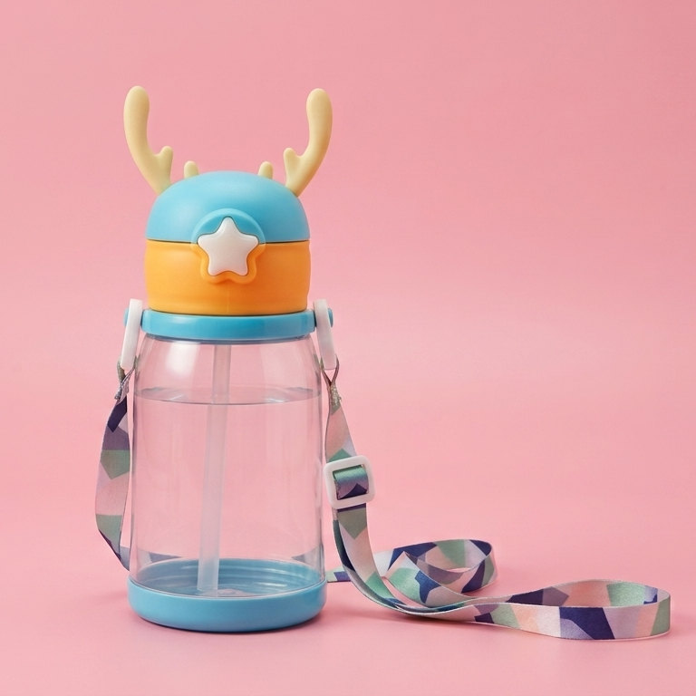 Cute Teal Color Deer Kids Water Bottle with Straw – BPA-Free, Leakproof Lightweight Water Bottles for Kids