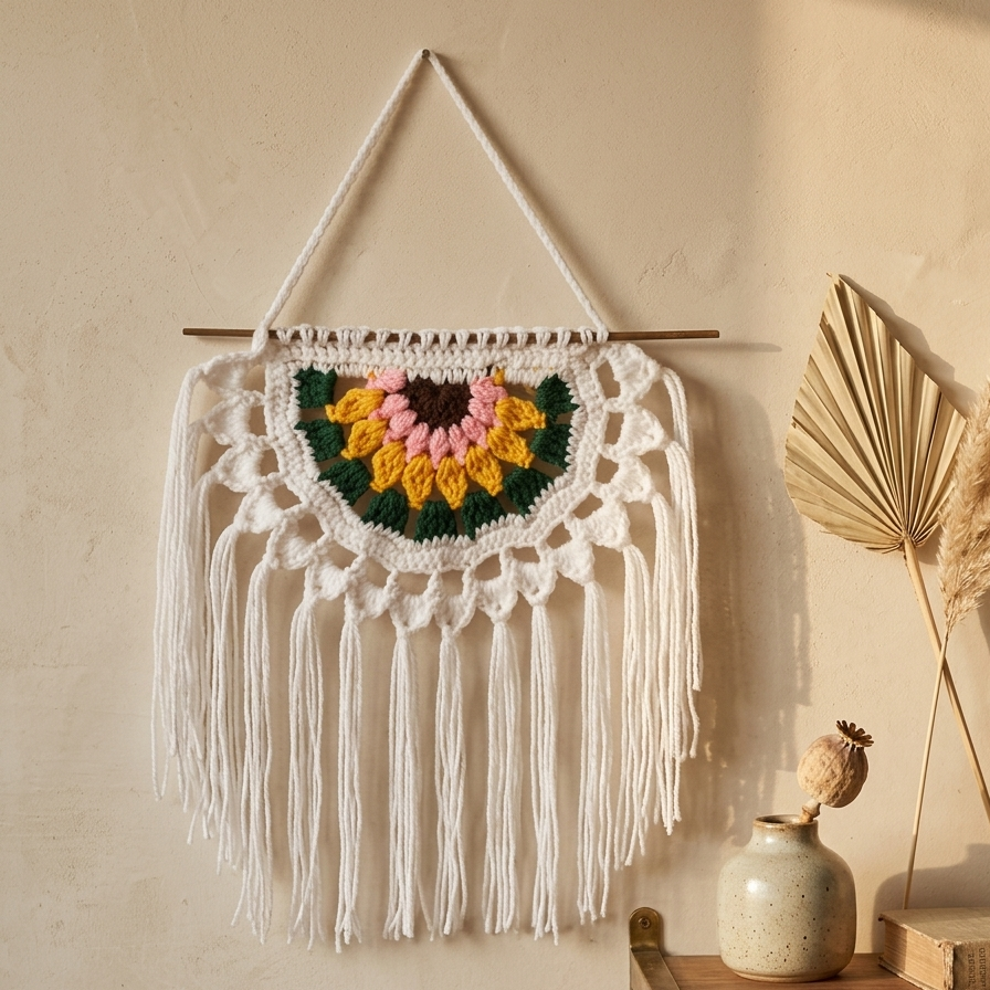Handmade Crochet Half Sunflower Bohemian Wall Hanging