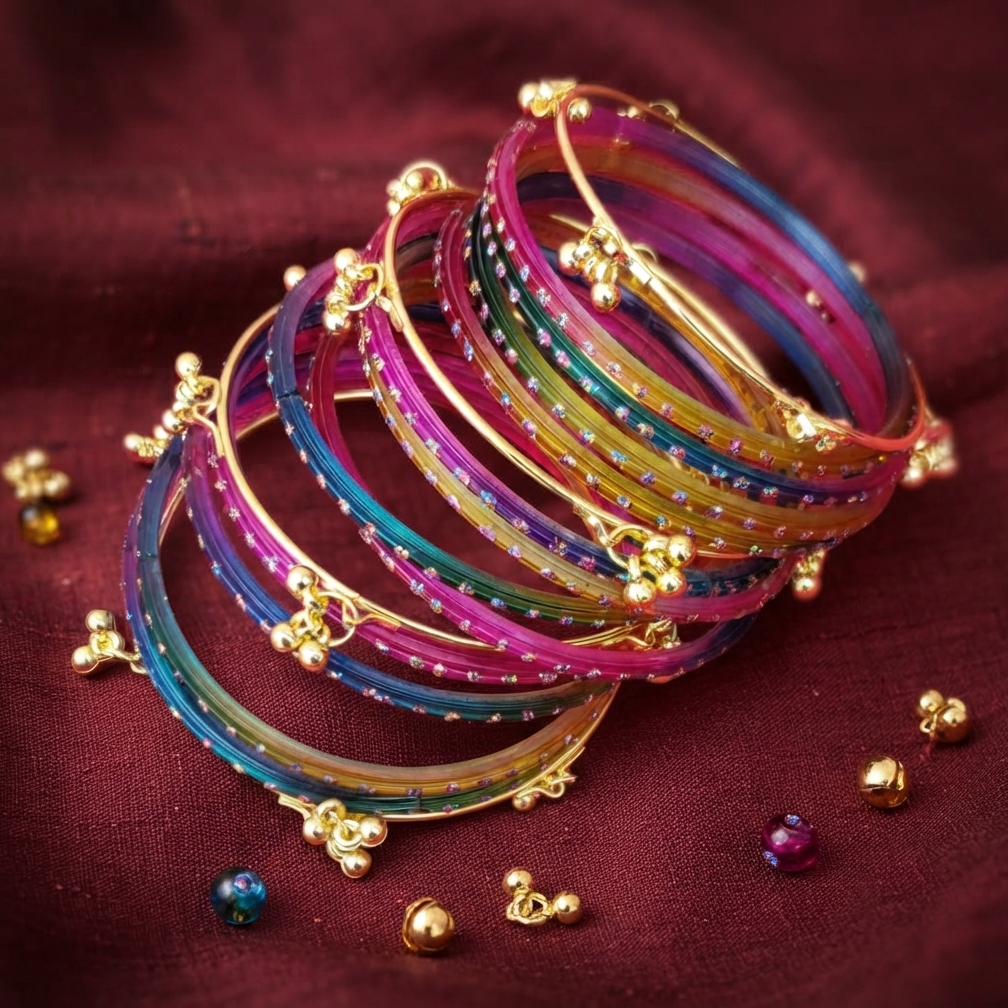 Aabshar Rain Drop Glas Bangles & Ghungroo Kashmere Bangles | Set of 12 Glass & 4 Kashmiri Bangles