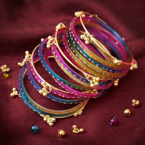Aabshar Rain Drop Glas Bangles & Ghungroo Kashmere Bangles | Set of 12 Glass & 4 Kashmiri Bangles