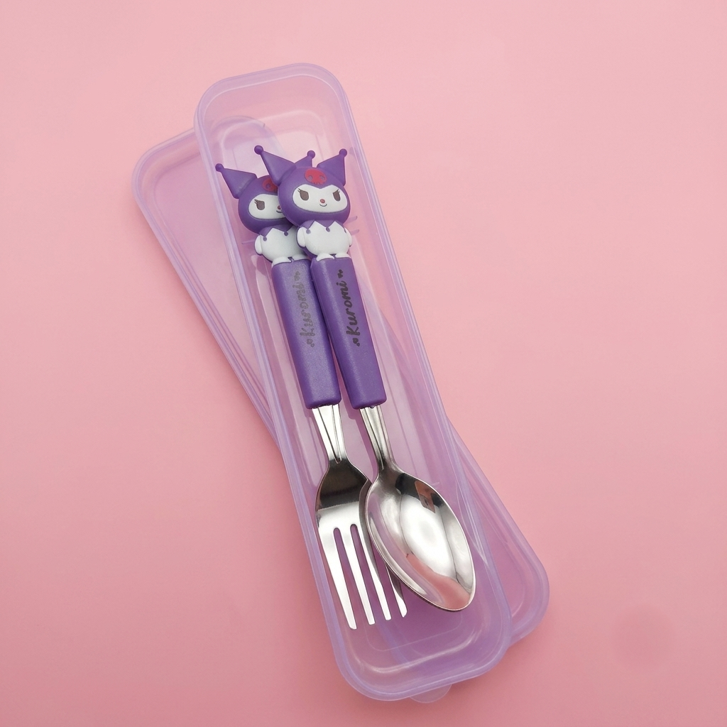 Cute Purple Cartoon Character Kids Stainless Steel Spoon and Fork Set with Storage Case | Lunch Box & Travel Friendly