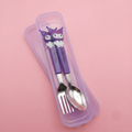 Cute Purple Cartoon Character Kids Stainless Steel Spoon and Fork Set with Storage Case | Lunch Box & Travel Friendly