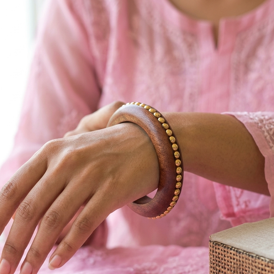 Dyuti Handcrafted Wooden Kada Bangle with Golden Brass Studs | Lightweight Chunky Wooden Kada for Girls & Women