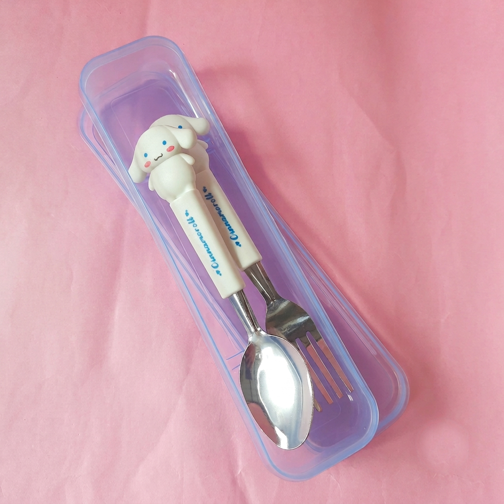 Cute White Cartoon Character Kids Stainless Steel Spoon and Fork Set with Storage Case | Lunch Box & Travel Friendly