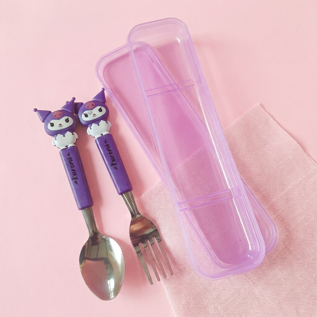 Cute Purple Cartoon Character Kids Stainless Steel Spoon and Fork Set with Storage Case | Lunch Box & Travel Friendly