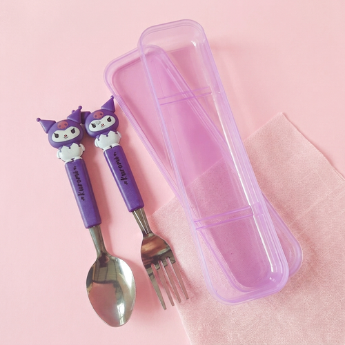 Cute Purple Cartoon Character Kids Stainless Steel Spoon and Fork Set with Storage Case | Lunch Box & Travel Friendly
