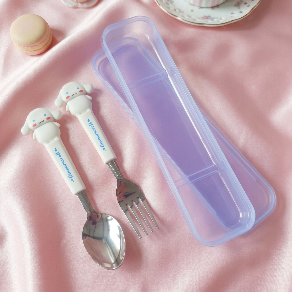 Cute White Cartoon Character Kids Stainless Steel Spoon and Fork Set with Storage Case | Lunch Box & Travel Friendly