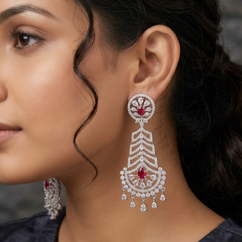 Riddhi Silver-Tone Drop Earrings with American Diamonds and Ruby Red Stones