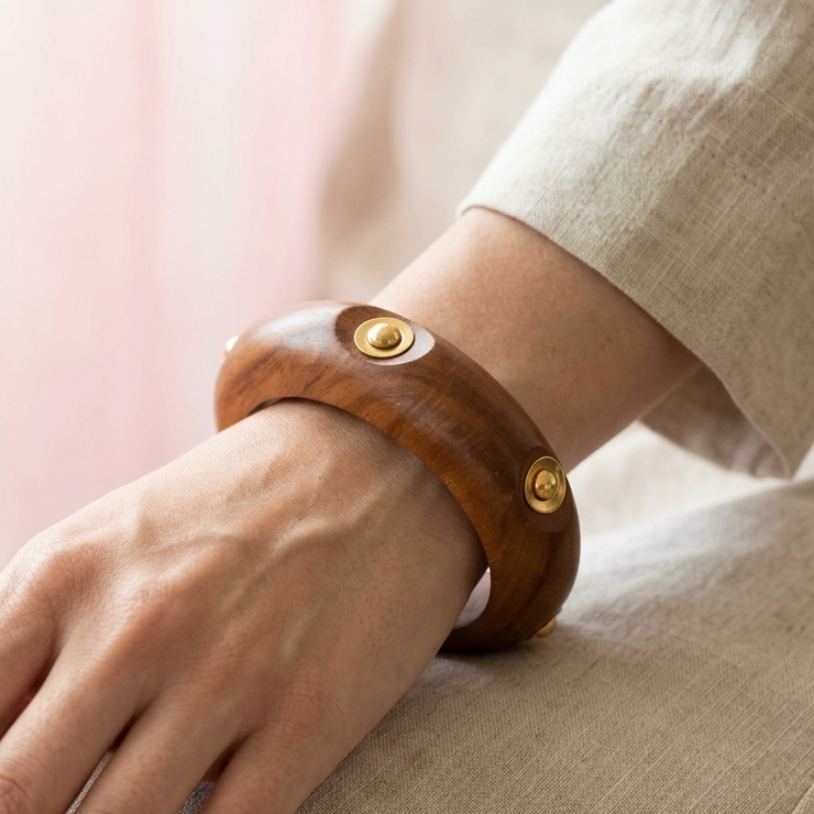 Mehrin Handcrafted Wooden Bangle with Golden Brass Details | Chunky Fashionable Trending Wooden Kada for Girls & Women