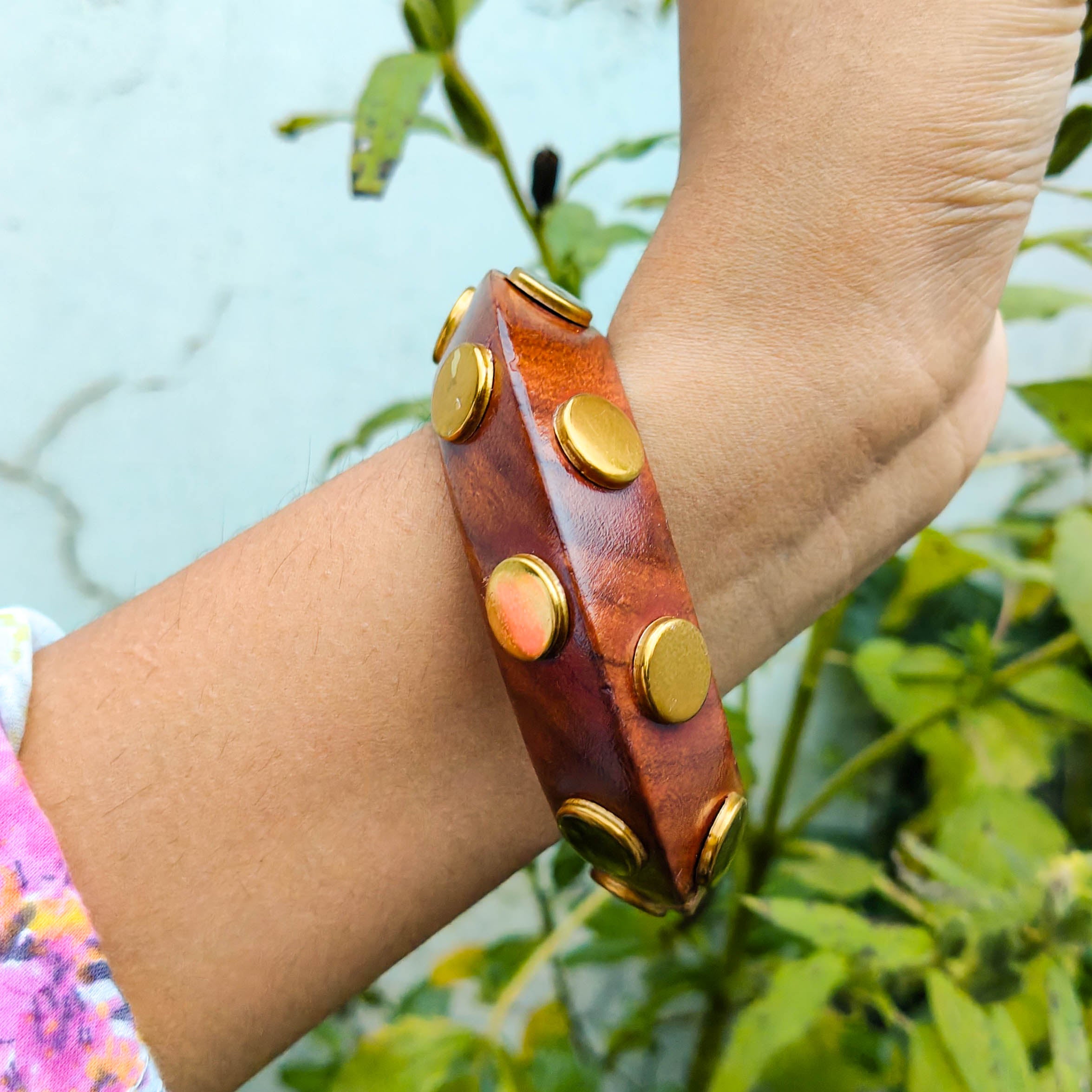 Wooden Bangle with Golden Brass Motifs