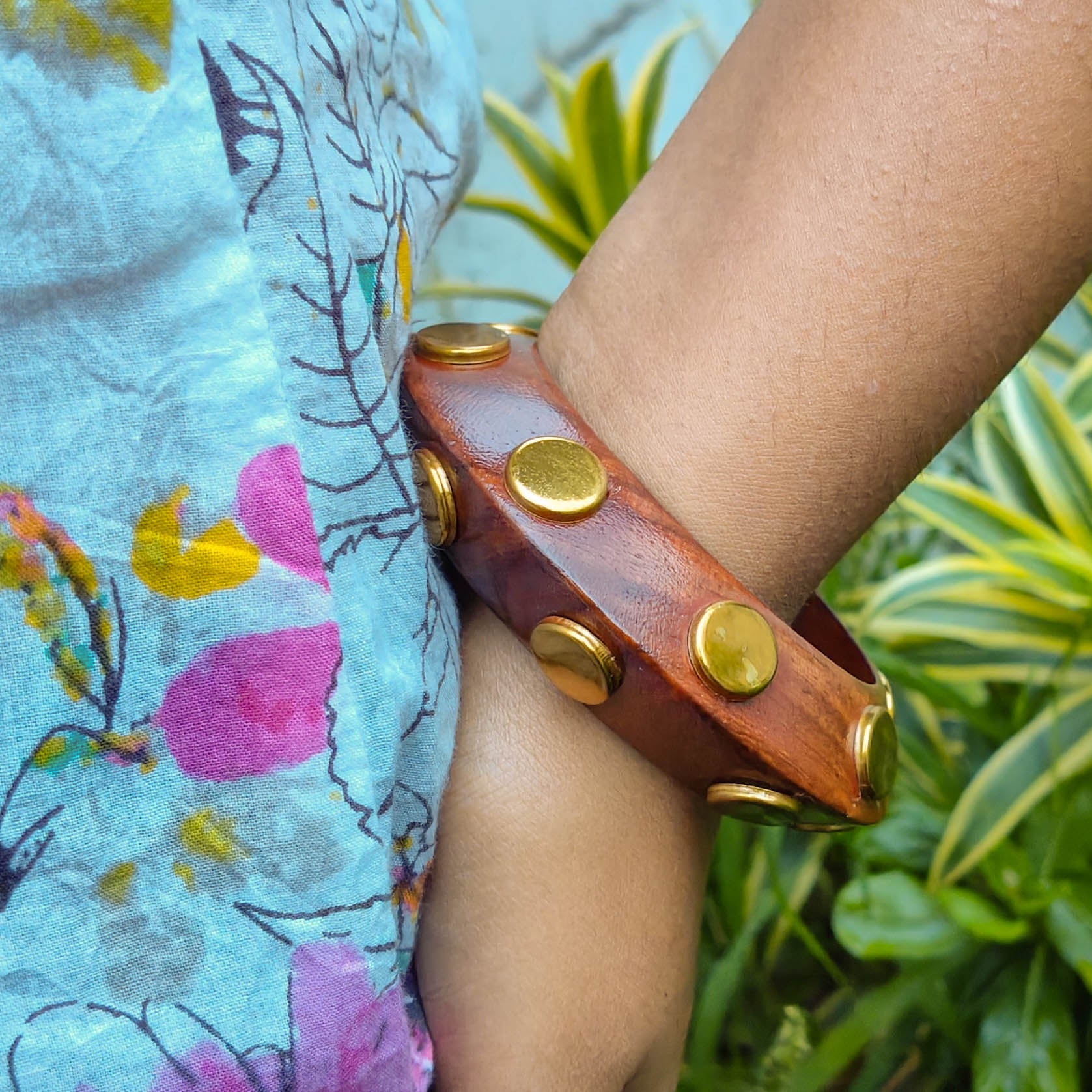 Wooden Bangle with Golden Brass Motifs
