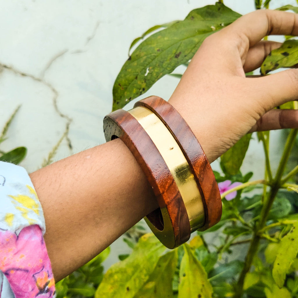 Iraani Handcrafted Sheesham Wood Bangle with Gold Accent for Girls & Women | Trending Wooden Kada Bangle