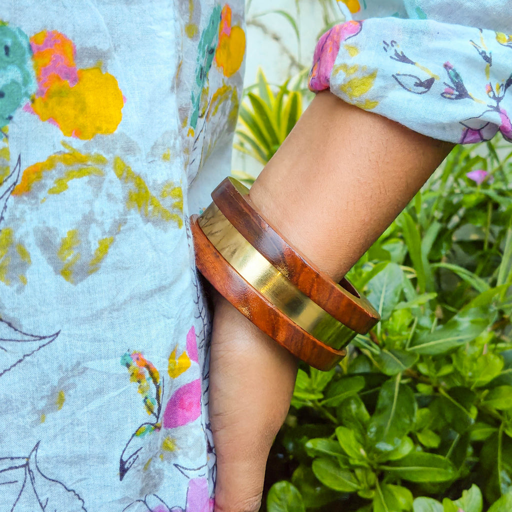 Iraani Handcrafted Sheesham Wood Bangle with Gold Accent for Girls & Women | Trending Wooden Kada Bangle