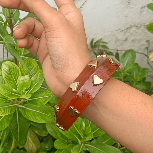 Afreen Handcrafted Wooden Kada Bangle with Golden Brass Heart Motifs | Trending Wooden Bangles for Girls & Women