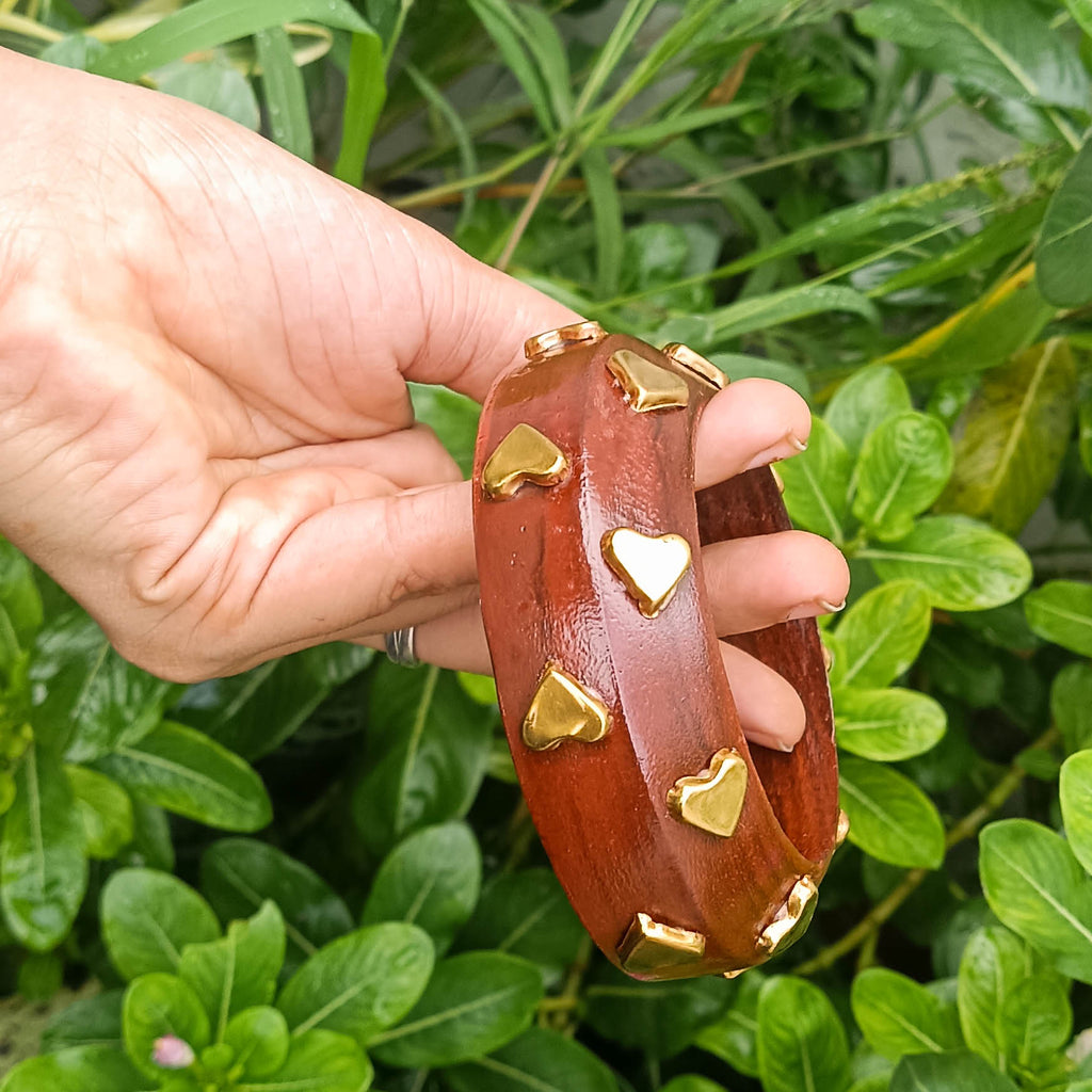 Afreen Handcrafted Wooden Kada Bangle with Golden Brass Heart Motifs | Trending Wooden Bangles for Girls & Women