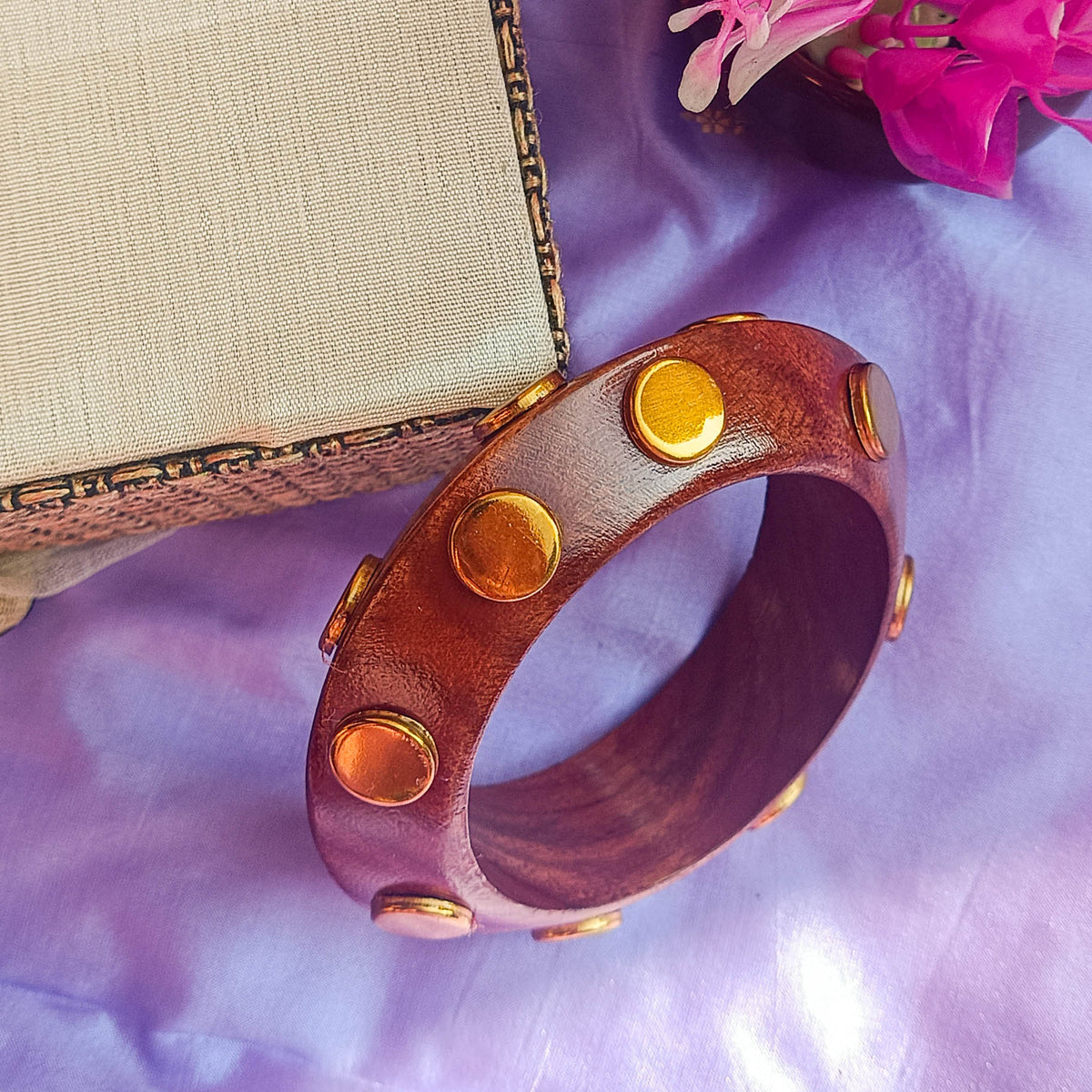 Wooden Bangle with Golden Brass Motifs