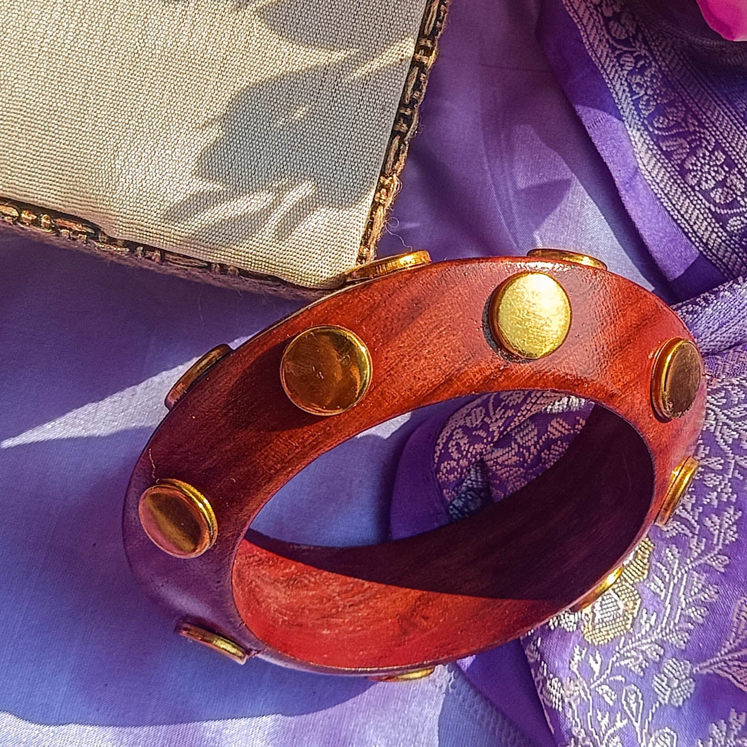 Wooden Bangle with Golden Brass Motifs