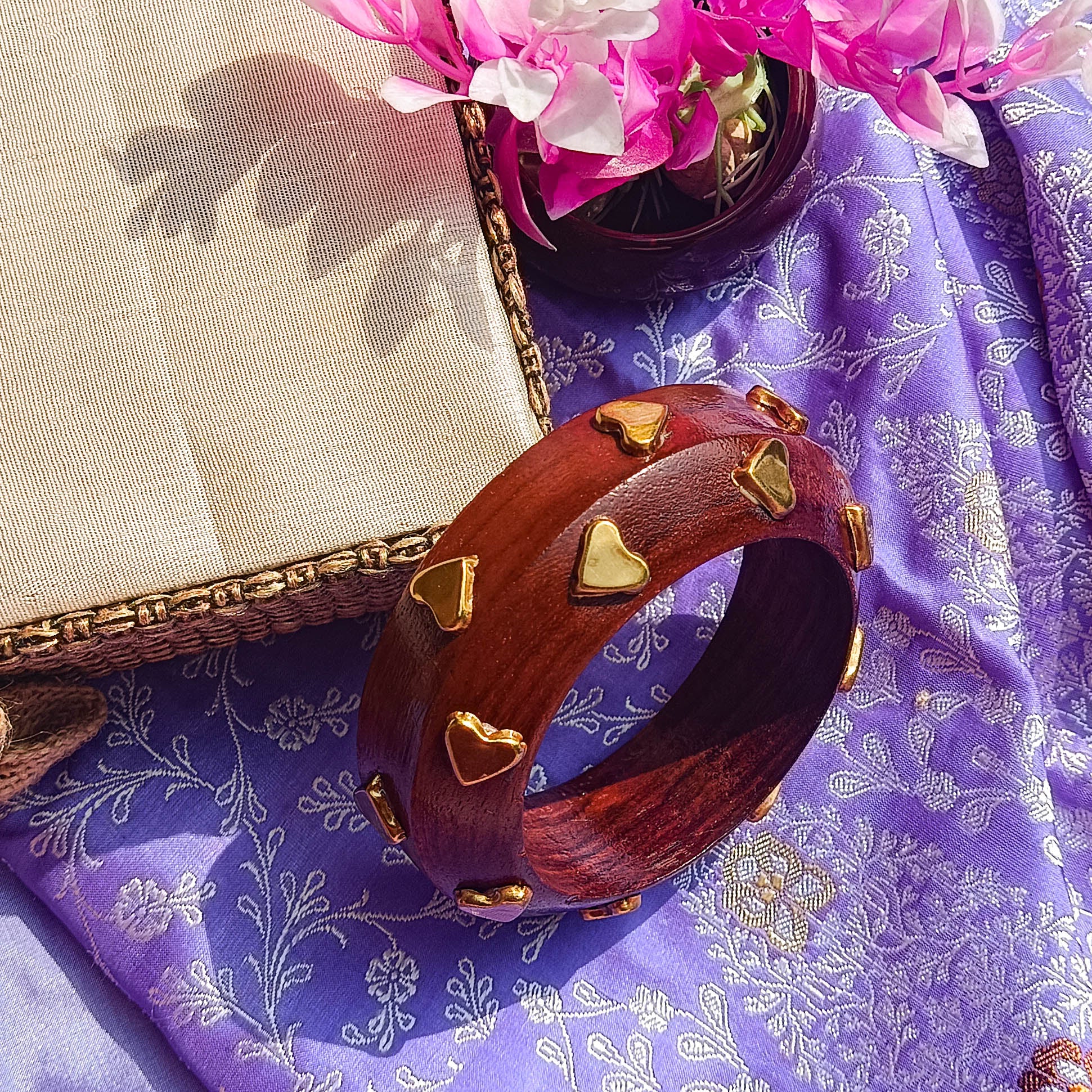 Afreen Handcrafted Wooden Kada Bangle with Golden Brass Heart Motifs | Trending Wooden Bangles for Girls & Women