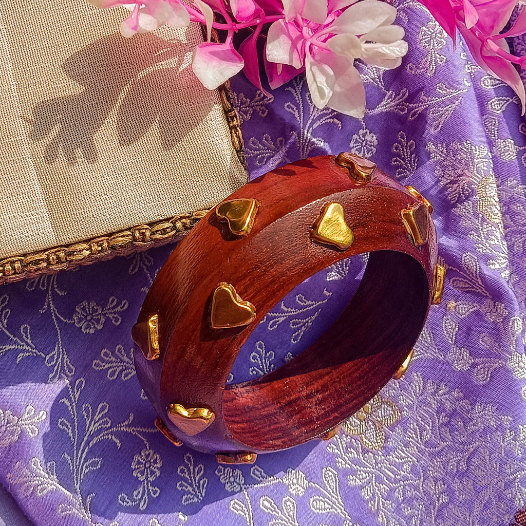 Afreen Handcrafted Wooden Kada Bangle with Golden Brass Heart Motifs | Trending Wooden Bangles for Girls & Women