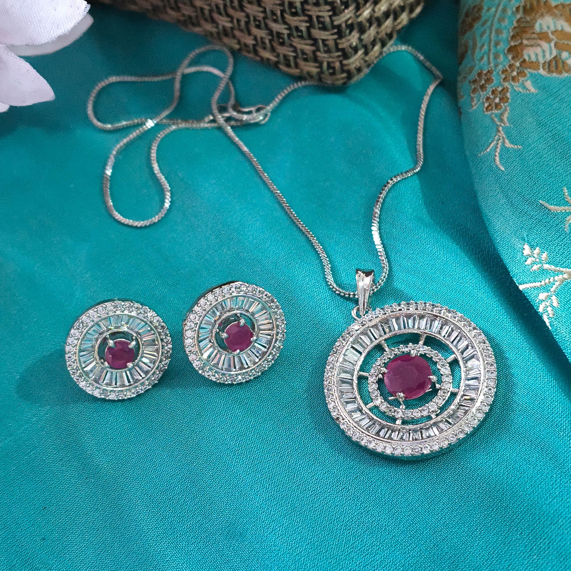 Zia Pendant Set: Rose Pink American Diamond Jewelry for Weddings & Parties