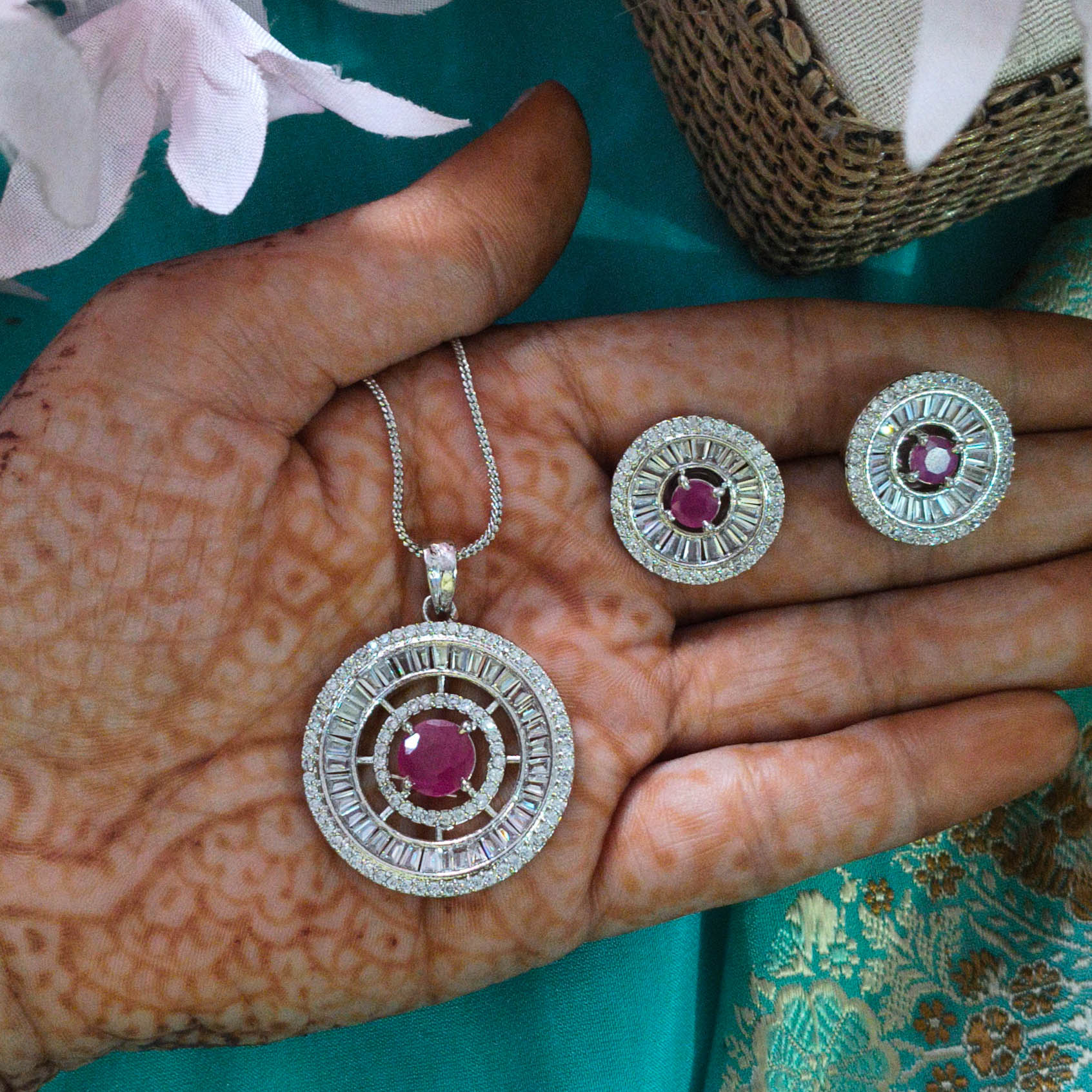 Zia Pendant Set: Rose Pink American Diamond Jewelry for Weddings & Parties